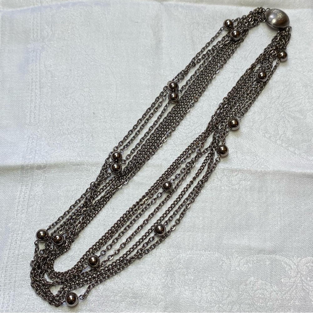 Vintage Retro Multi-Strand Gun Metal Chain Ball Beads Box Clasp Close Necklace